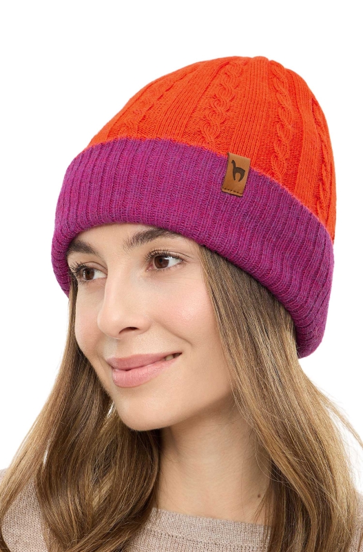 Alpaka Wende-Mütze SUAVE- orangerot/fuchsia aus 100% Baby Alpaka