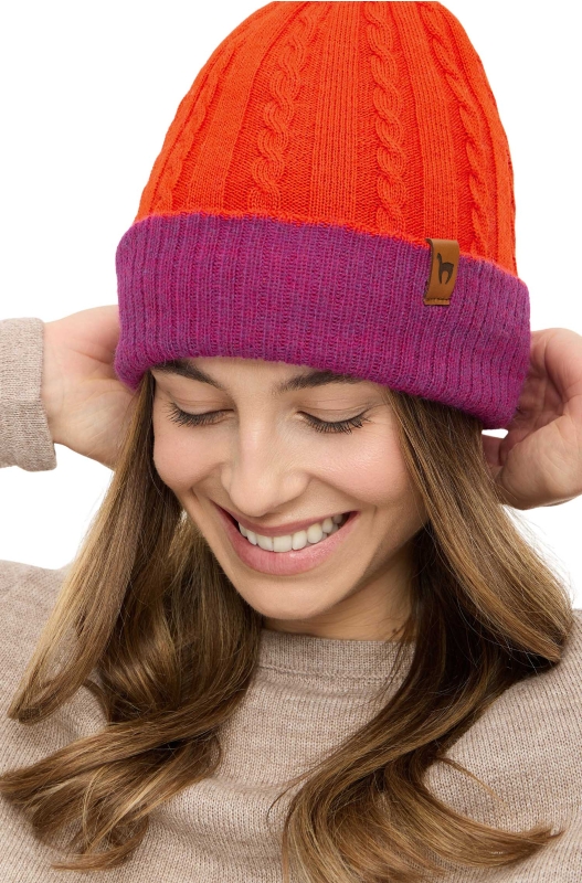 Alpaka Wende-Mütze SUAVE- orangerot/fuchsia aus 100% Baby Alpaka – Bild 4